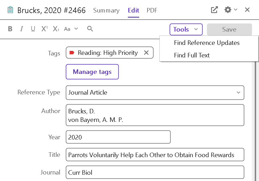 Image of the Edit panel in the Reference panel